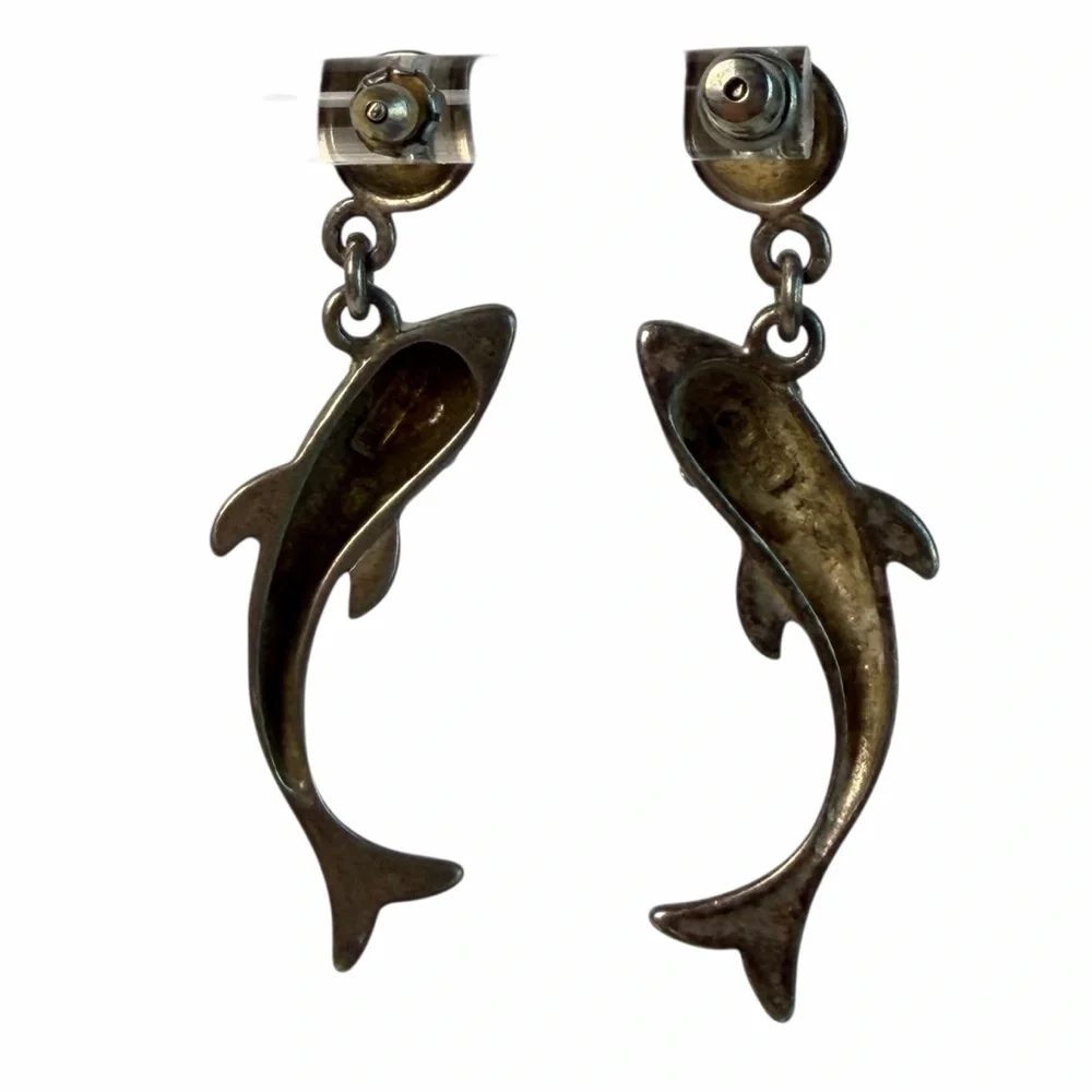 Vintage 925 Sterling Silver Dolphin Dangle Earrings Nautical Ocean beach - Picture 9 of 11